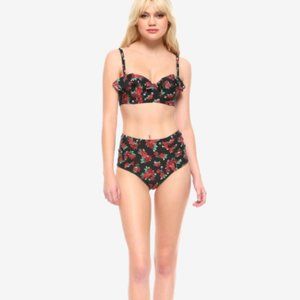 Hot Topic Bikini Black & Red Roses & Skulls Ruched High Waist Top & Bottom NWT L